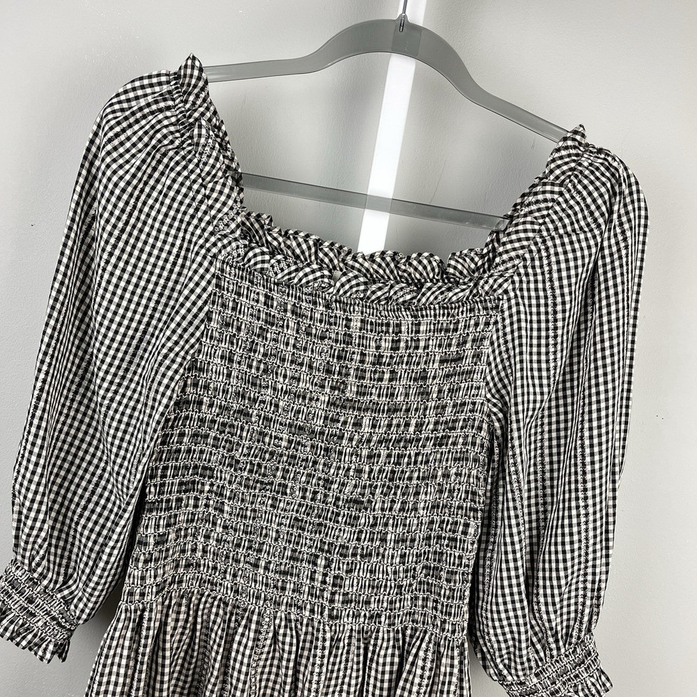 Max Studio Smocked Top Womens XL Black White Gingham Plaid Boho Cottage Prairie